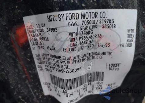 2005 Ford F-150 Lariat/Xlt from USA, damaged, VIN 1FTPW12565FA50093